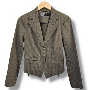 Shoulder Blazer 40 Earthy Brown Pin Striped Cinched Tie Back Tailored Boho